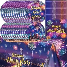 2025 Happy New Year Paper Plates Tableware Set, 24 Guest New Years Plates Napkins Tablecloth New Years Eve Party Supplies 2025