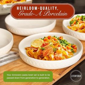 Pasta Bowls Set for 4 - Dinner Bowl Plates - Blates - Flat Dinnerware - Large Shallow White Dishes - Big Rimmed Porcelain Serving Dish for Eating Spag