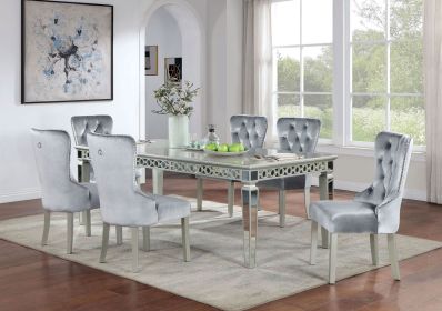 Glam Silver And Dark Gray 7pc Dining Set Table w Leaf Wingback 6x Chairs Acrylic Tufted Dining Room Furniture