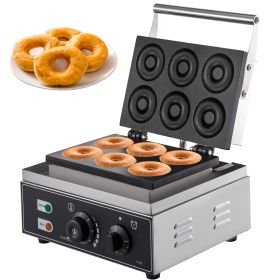 VEVOR 110V Commercial Waffle Donut Machine 6 Holes Double-Sided Heating 50-300Celsius, Electric Doughnut Maker 1550W