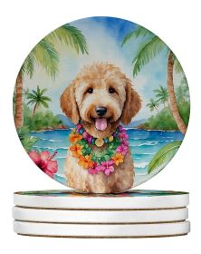 Goldendoodle Luau Large Sandstone Coasters Pack of 4 Absorbent Round Coasters Decor Gifts for Men or Women, 4 in, Multicolor