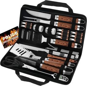 spgriPOLIGO 29 PCS BBQ Grill Accessories Stainless Steel BBQ Tools Grilling Tools Set With Storage Bag For Fathers Day Dads Birthday Presents - Campin (Color: Brown)