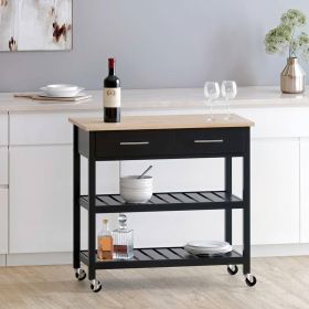 Modern Kitchen Island Cart with Wood Top 2 Drawers and 2 Bottom Shelves (Color: Black)