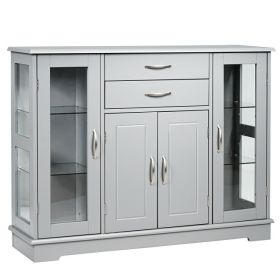 Wood Buffet Sideboard Cabinet with Glass Display Doors (Color: Grey)
