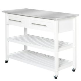 Rolling Kitchen Island 2 Drawers Storage with Stainless Steel Top (Color: White)