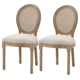 Set of 2 Vintage Upholstered Armless Rattan Back Dining Chairs (Color: Beige White)