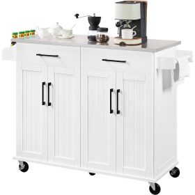 Kitchen Island Cart with Stainless Steel Top 2 Drawers and Cabinet (Color: White)