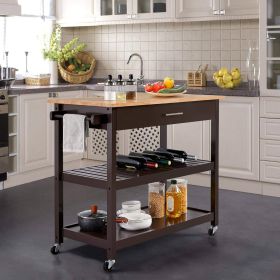 Kitchen Island Cart with Wood Top 2 Shelves 2 Drawers and Locking Wheels (Color: Dark Brown)