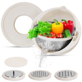 Multifunctional Mixing Bowl with Lid Set 3 Replaceable Graters Food Strainer and Colander Fruit Vegetable Washing Basket Stainless Steel (Option: beige)