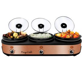 MegaChef Triple 2.5 Quart Slow Cooker and Buffet Server in Black Finish with 3 Ceramic Cooking Pots and Removable Lid Rests (Color: Brushed Copper)